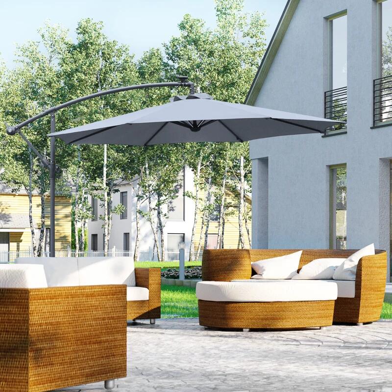 Kerti/terasz napernyő napelemmel, LED világítással, banáncsuklóval, hajtókarral, szürke, 295 cm