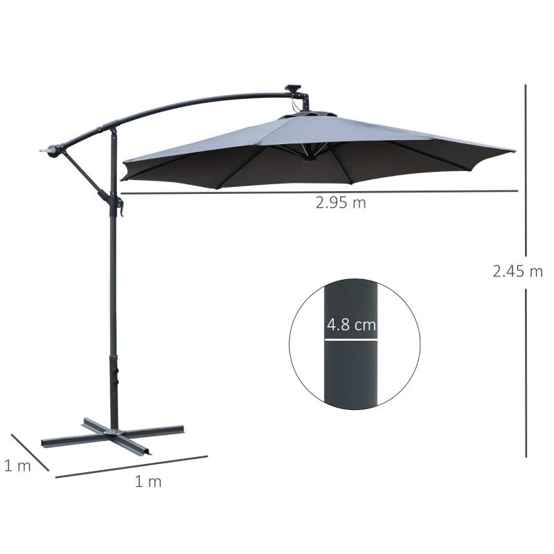 Kerti/terasz napernyő napelemmel, LED világítással, banáncsuklóval, hajtókarral, szürke, 295 cm