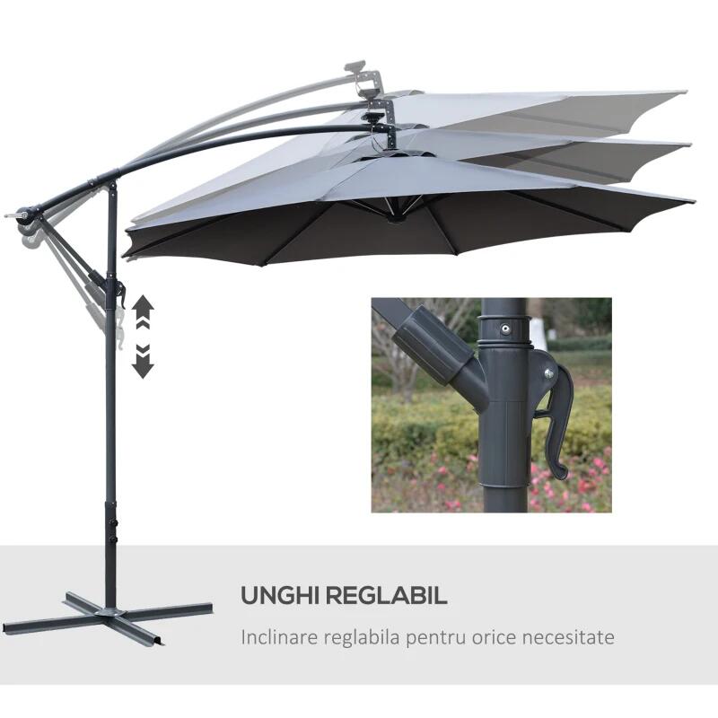 Kerti/terasz napernyő napelemmel, LED világítással, banáncsuklóval, hajtókarral, szürke, 295 cm