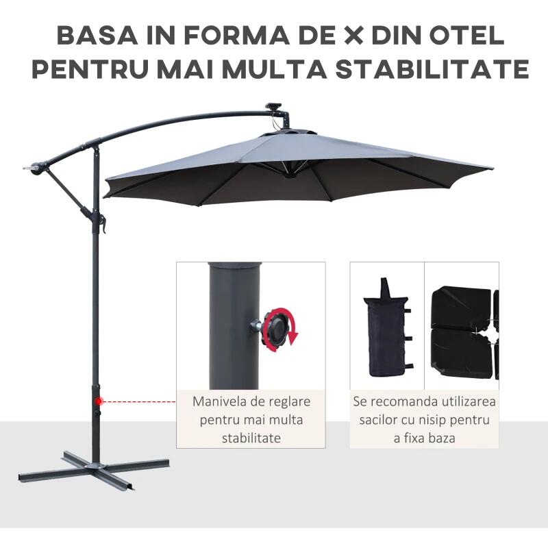 Kerti/terasz napernyő napelemmel, LED világítással, banáncsuklóval, hajtókarral, szürke, 295 cm