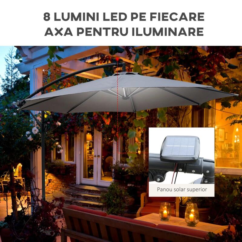 Kerti/terasz napernyő napelemmel, LED világítással, banáncsuklóval, hajtókarral, szürke, 295 cm