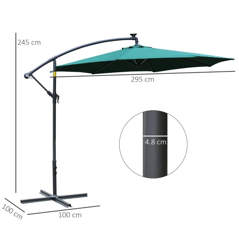 Kerti/terasz napernyő napelemmel, LED világítással, banáncsuklóval, hajtókarral, zöld, 295 cm