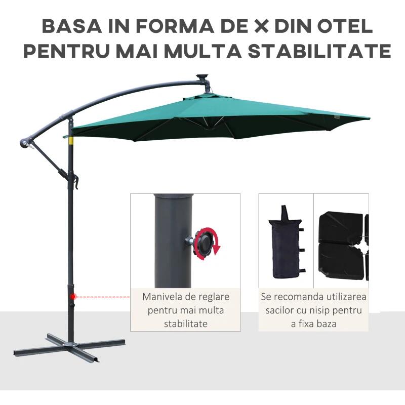 Kerti/terasz napernyő napelemmel, LED világítással, banáncsuklóval, hajtókarral, zöld, 295 cm