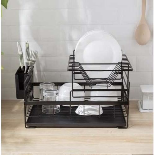 Uscator vase, scurgator, de bucatarie, 2 niveluri, metal si plastic, negru, 43x29x27 cm, Ruhhy