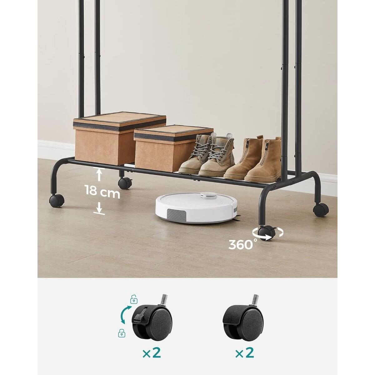 Suport mobil cu roti pentru haine, cu raft incaltaminte, otel, negru, max 100 kg, 103.5x52.5x155 cm