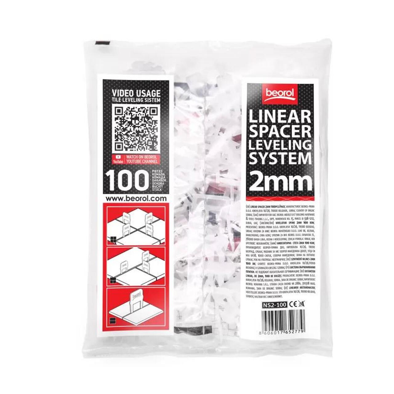 Távolságtartók kerámialapok szintezéséhez és beállításához, 100 db, 2 mm, Beorol