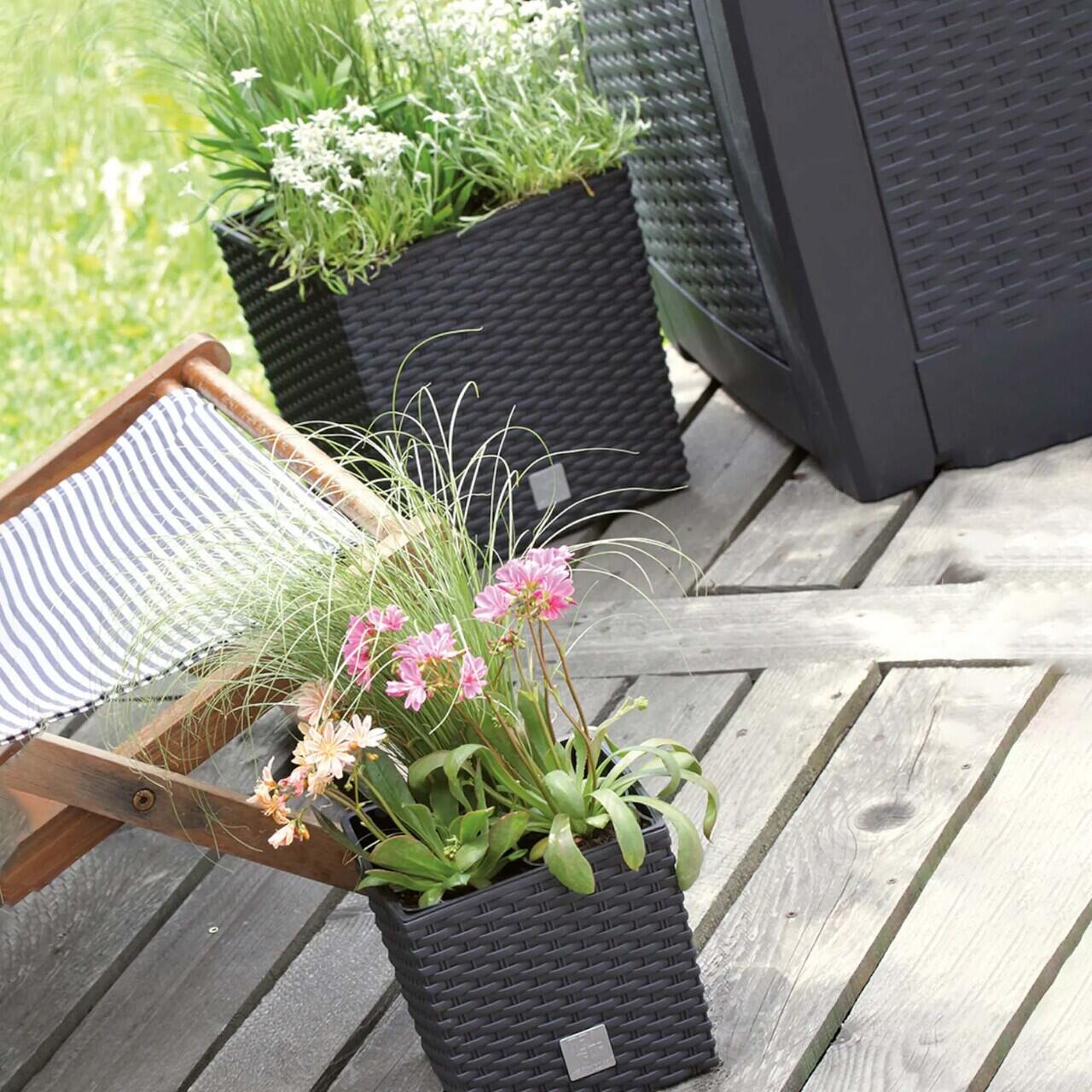 Virágcserép, Prosperplast, Rato Low, négyzet alakú, rattan utánzat, antracit, 22.3x22.3x22.8 cm