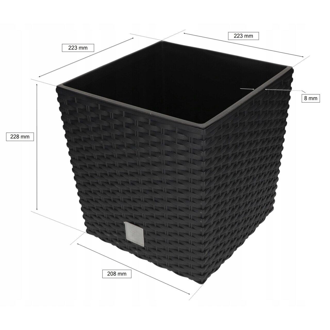 Virágcserép, Prosperplast, Rato Low, négyzet alakú, rattan utánzat, antracit, 22.3x22.3x22.8 cm